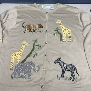 Design Options by PHILIP JANE GORDON Giraffes Vintage Cardigan Sweater L Ramie